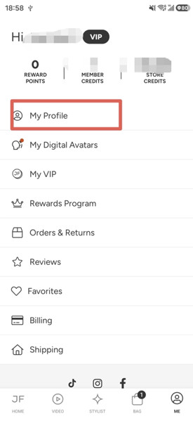 my profile page in justfab app