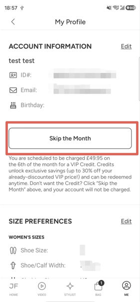 skip the month button in justfab app